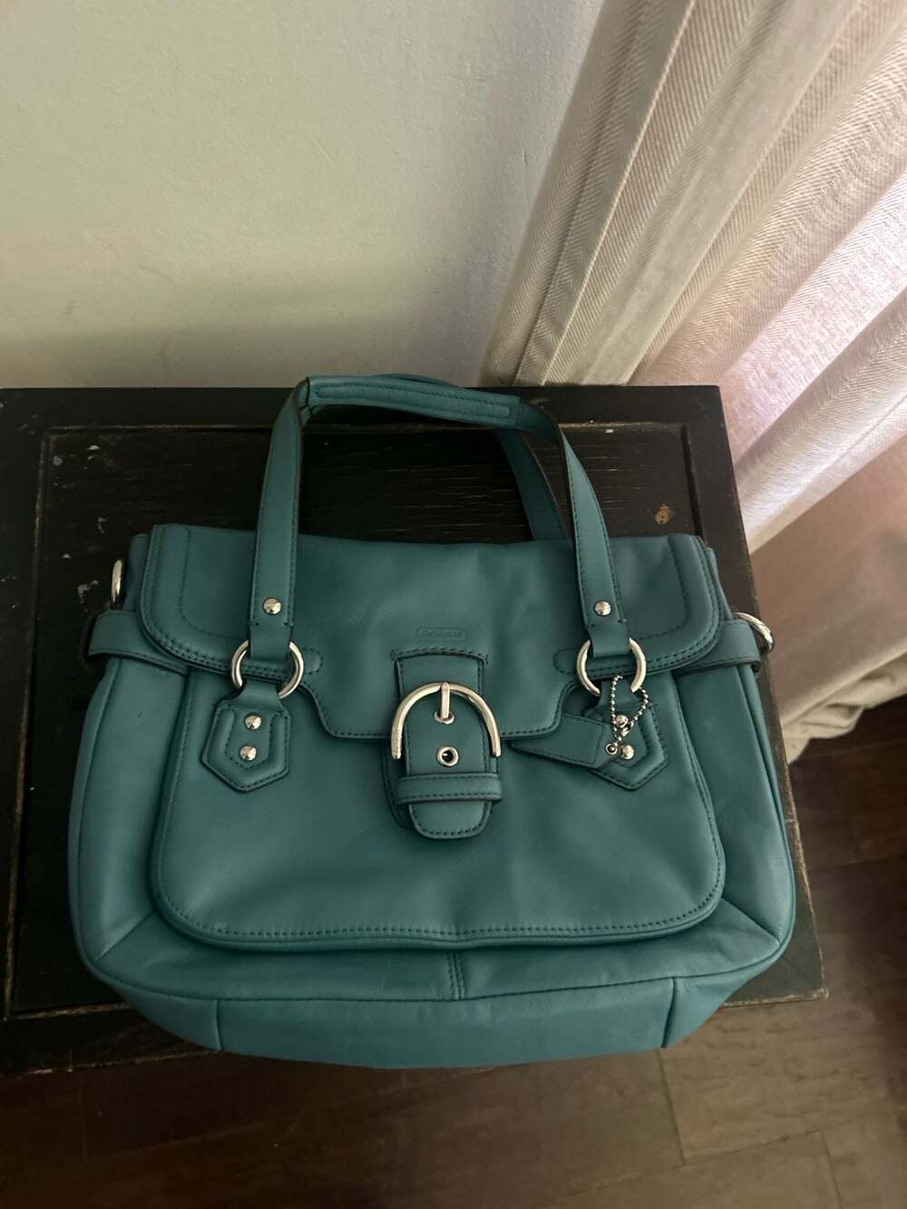 Coach Campbell Leather Satchel Crossbody Purse in Mineral Blue F27231